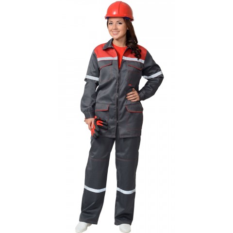 Костюм "Механик" женский: куртка, брюки серый с красным и СОП 25 мм.