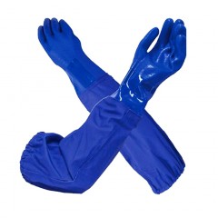 Перчатки МБС, интерлок с полным покрытием ПВХ синего цвета с длинным ПВХ рукавом